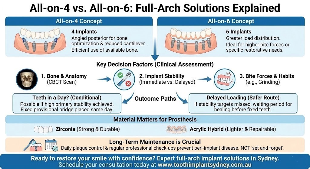Full mouth dental implants comparing all on four and all on six solutions