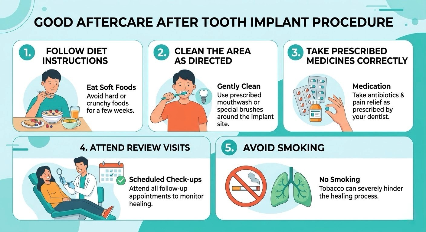Infographic explaining good aftercare practices after a tooth implant procedure