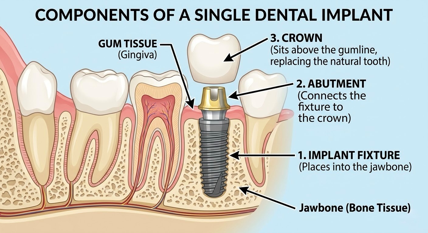 Labeled diagram explaining parts of a Single Dental Implant used to replace a missing tooth