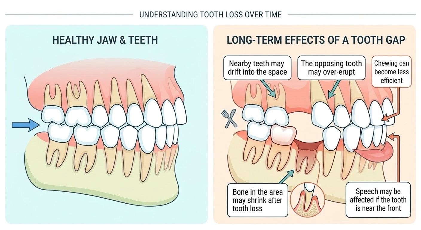 Dental infographic explaining missing tooth replacement and the effects of tooth loss over time