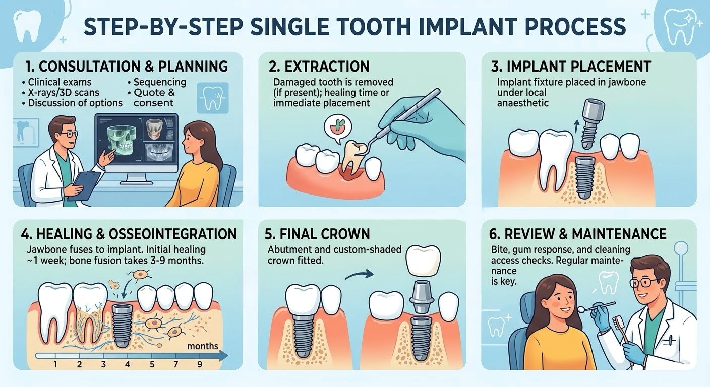 Single tooth implant procedure stages from implant placement to final crown restoration