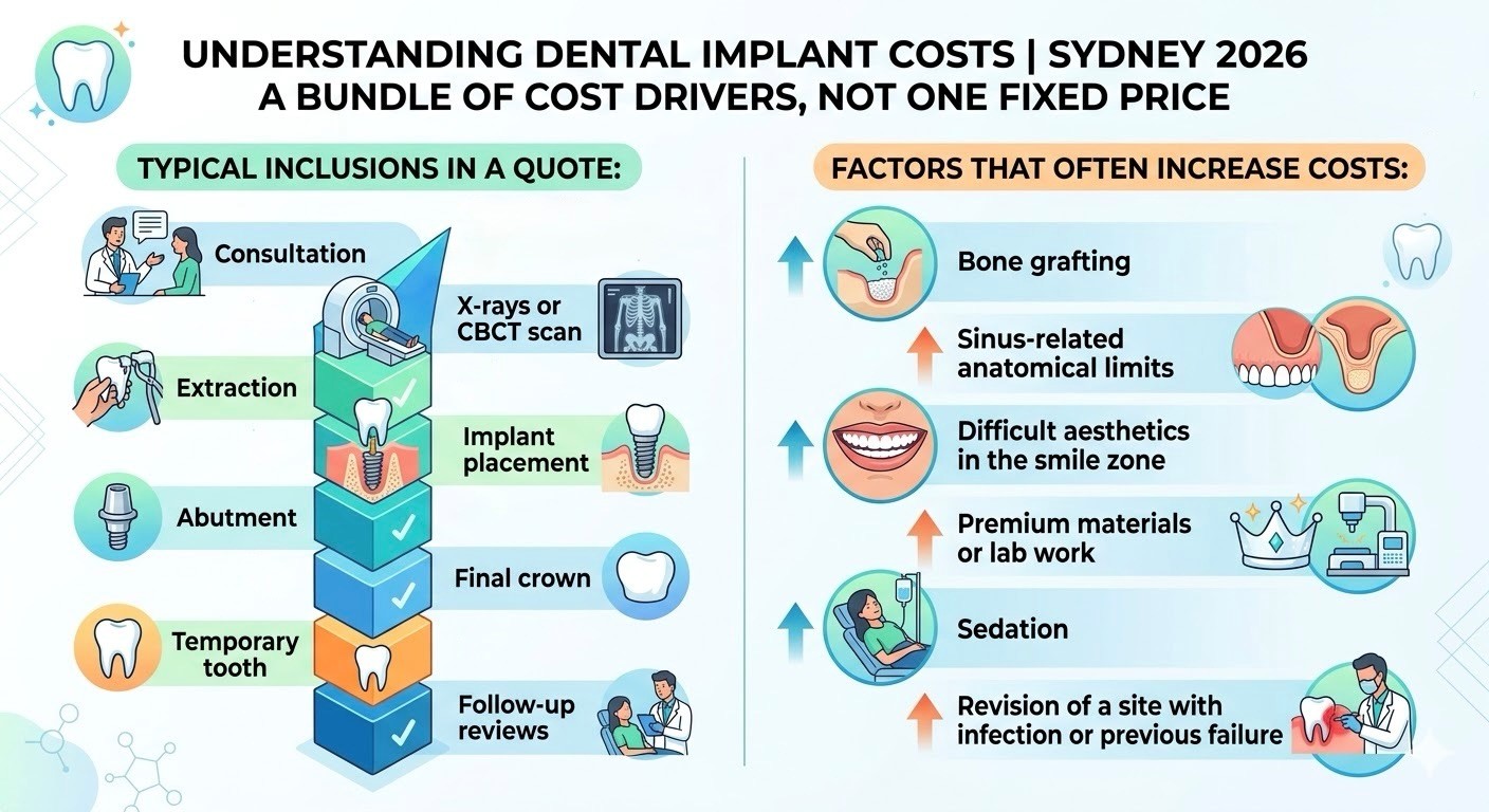 Infographic explaining dental implant costs in Sydney in 2026 with price breakdown