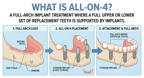 Diagram of All-on-4 dental implant treatment showing full arch loss, implant placement, and final full arch bridge in Sydney