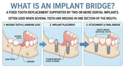Diagram showing implant bridge placement steps - missing teeth, titanium implant, and final dental bridge | Dental Implant Professionals Sydney