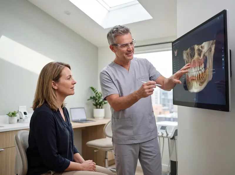 A dentist is explaining the 3D dental scans on a monitor to a patient at DENTAL IMPLANT PROFESSIONALS in Sydney, specifically regarding a dental implant.