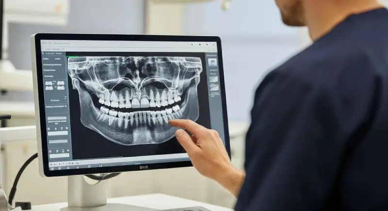 A dentist is examining dental x-rays on a computer monitor in preparation for a dental implant procedure at DENTAL IMPLANT PROFESSIONALS in Sydney.